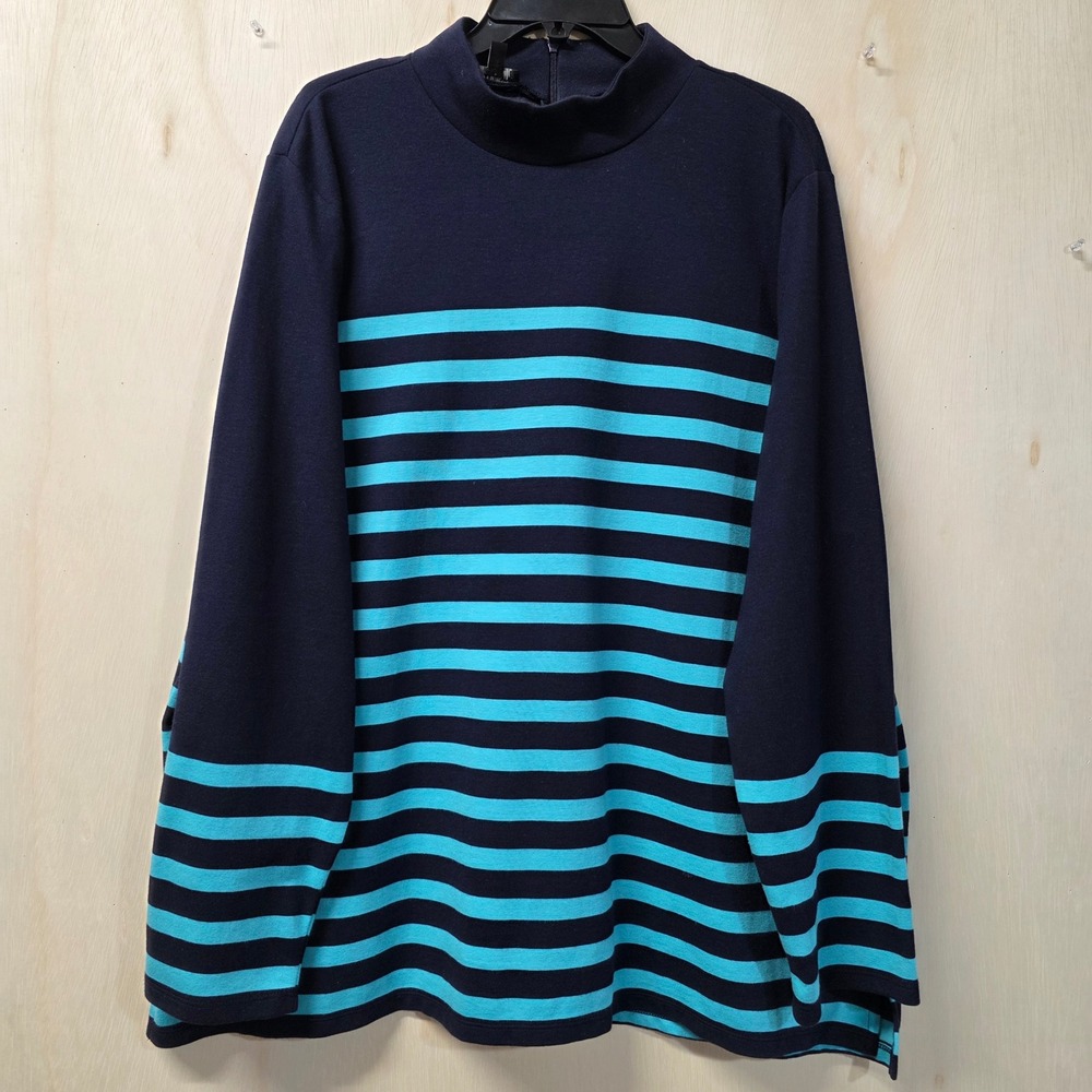 Talbots Woman 3X Mock Neck Striped Knit Top Navy Blue Turquoise Long Sleeve